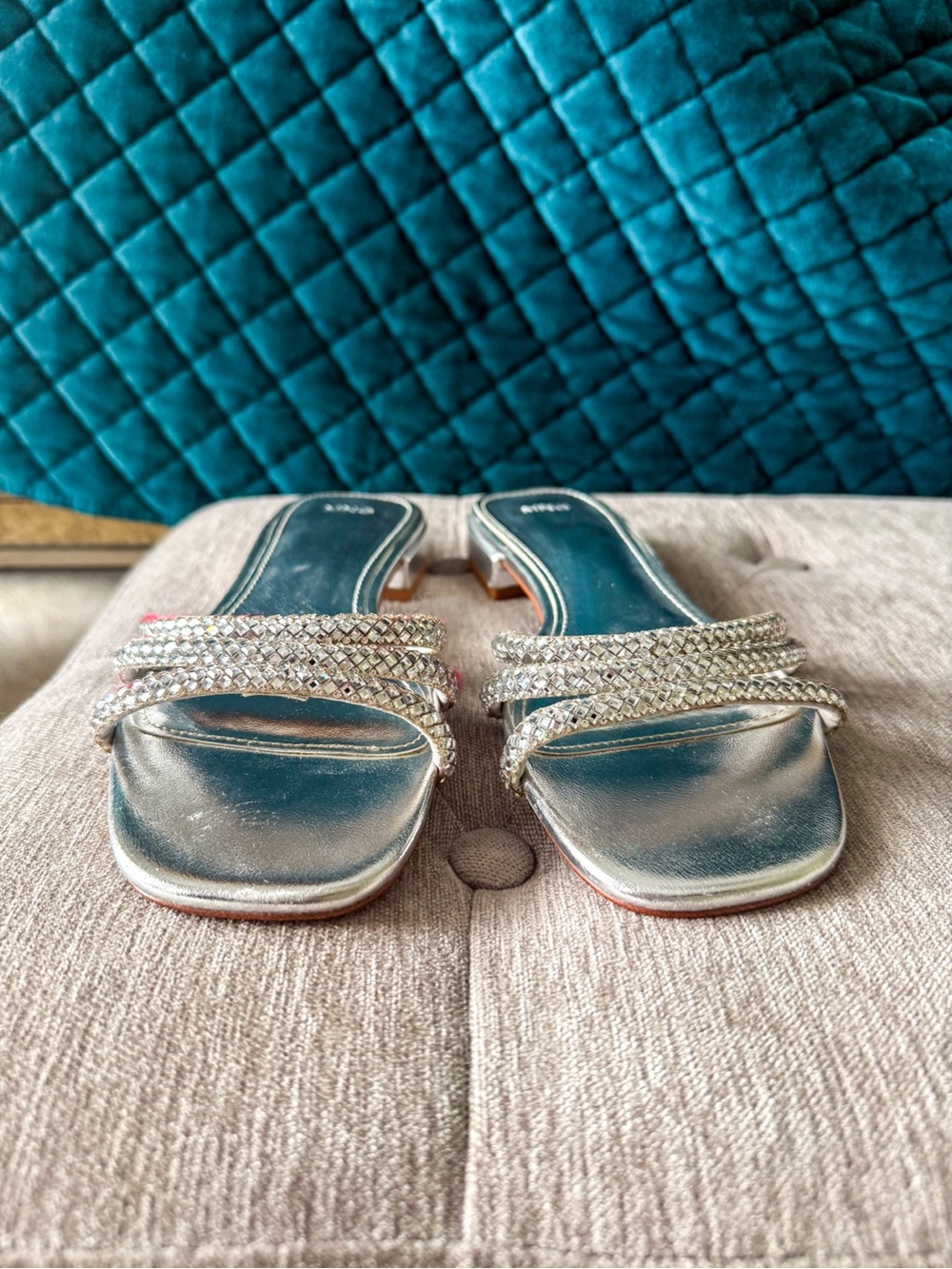 Silver Rhinestone Embellished Slide Sandals